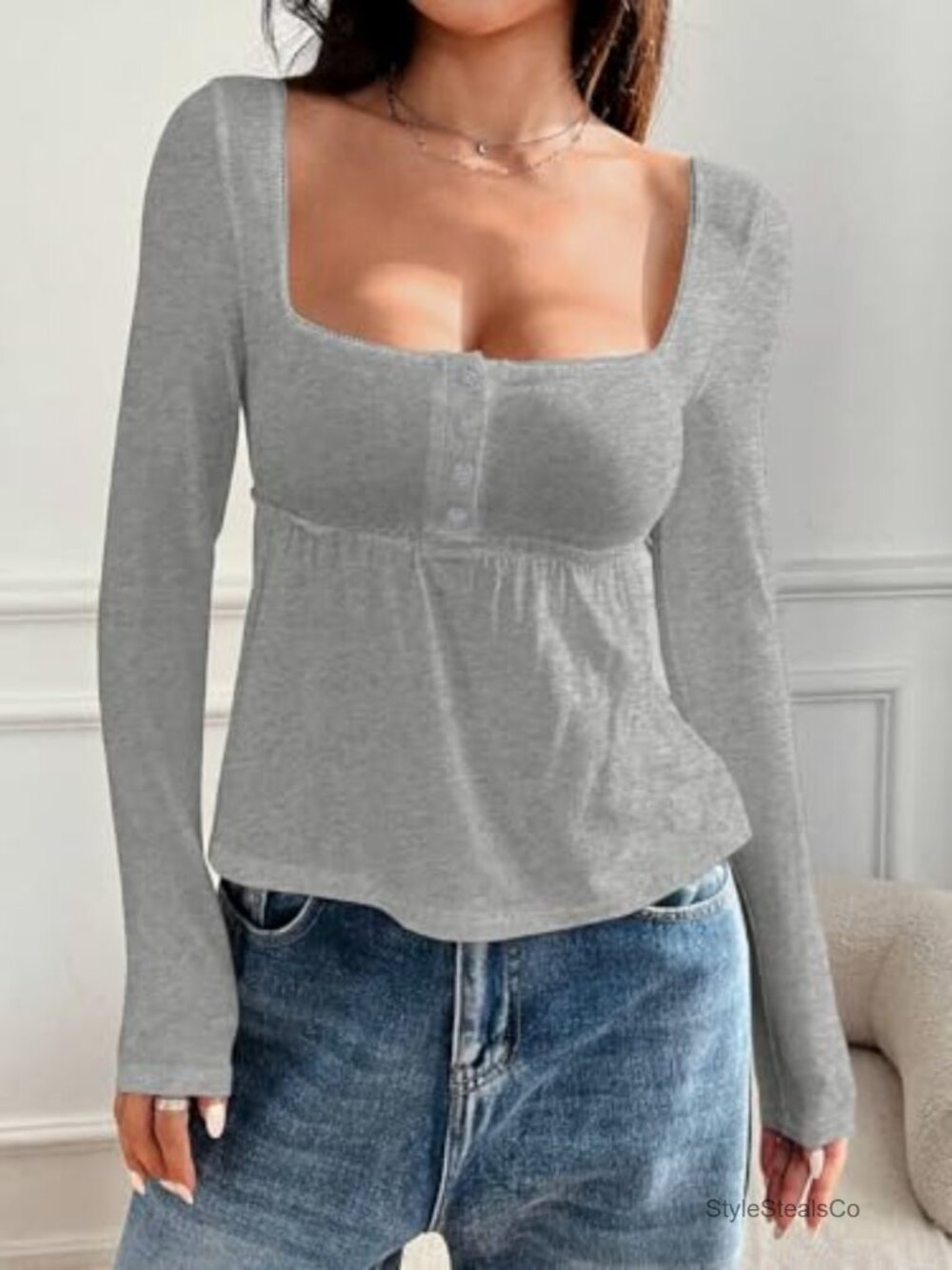 Y2k Peplum Crop Top Square Neck Long Sleeve Babydoll Blouse - Picture 2 of 3
